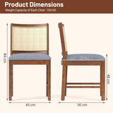 Rattan Dining Chair Set of 2 with Rubber Wood Frame and Linen Fabric Padded Seat-Walnut