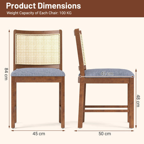 Rattan Dining Chair Set of 2 with Rubber Wood Frame and Linen Fabric Padded Seat-Walnut
