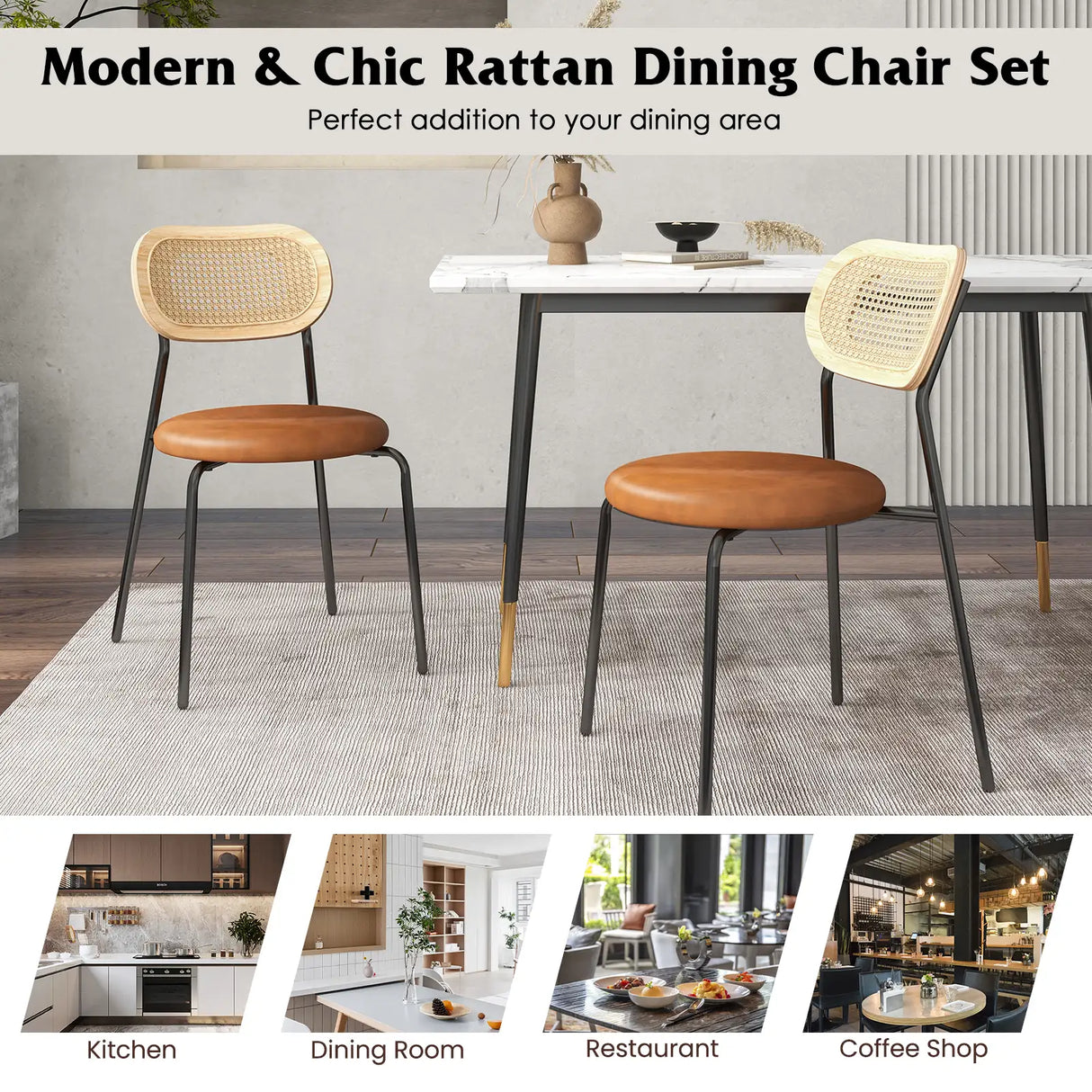 Set of 2 Rattan Dining Chair with Metal Legs-Coffee
