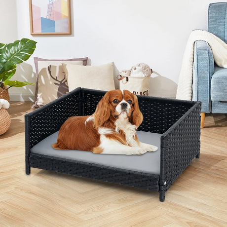 Handwoven Wicker Pet Bed Sofa Couch with Waterproof Soft Cushion-Grey