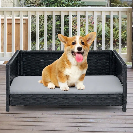 Handwoven Wicker Pet Bed Sofa Couch with Waterproof Soft Cushion-Grey