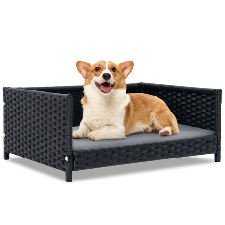 Handwoven Wicker Pet Bed Sofa Couch with Waterproof Soft Cushion-Grey