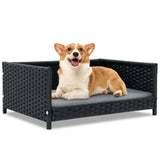 Handwoven Wicker Pet Bed Sofa Couch with Waterproof Soft Cushion-Grey