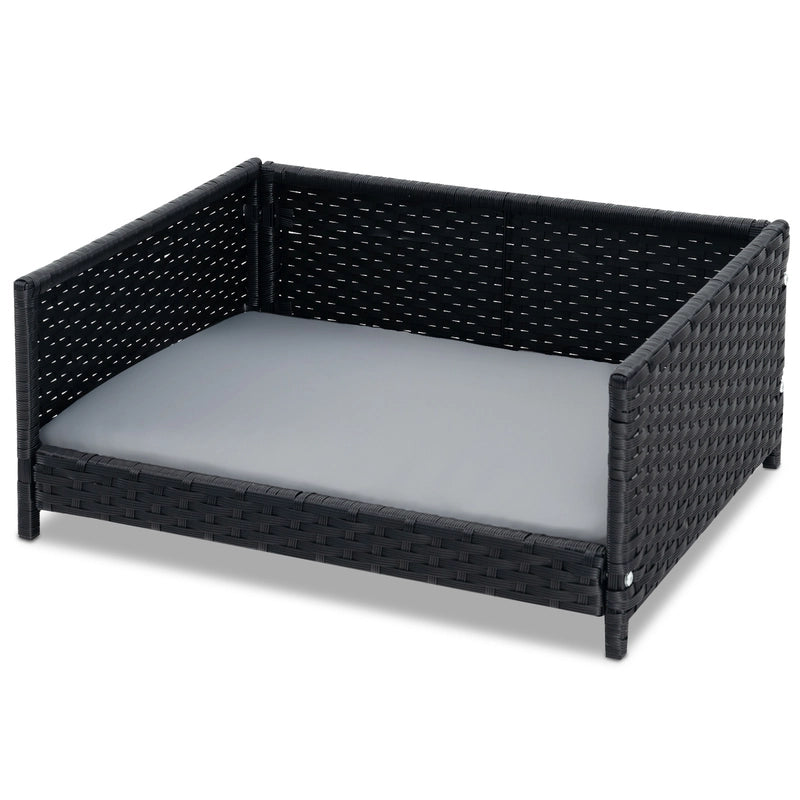 Handwoven Wicker Pet Bed Sofa Couch with Waterproof Soft Cushion-Grey