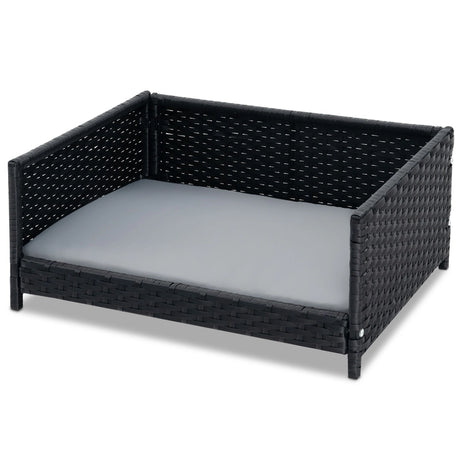 Handwoven Wicker Pet Bed Sofa Couch with Waterproof Soft Cushion-Grey