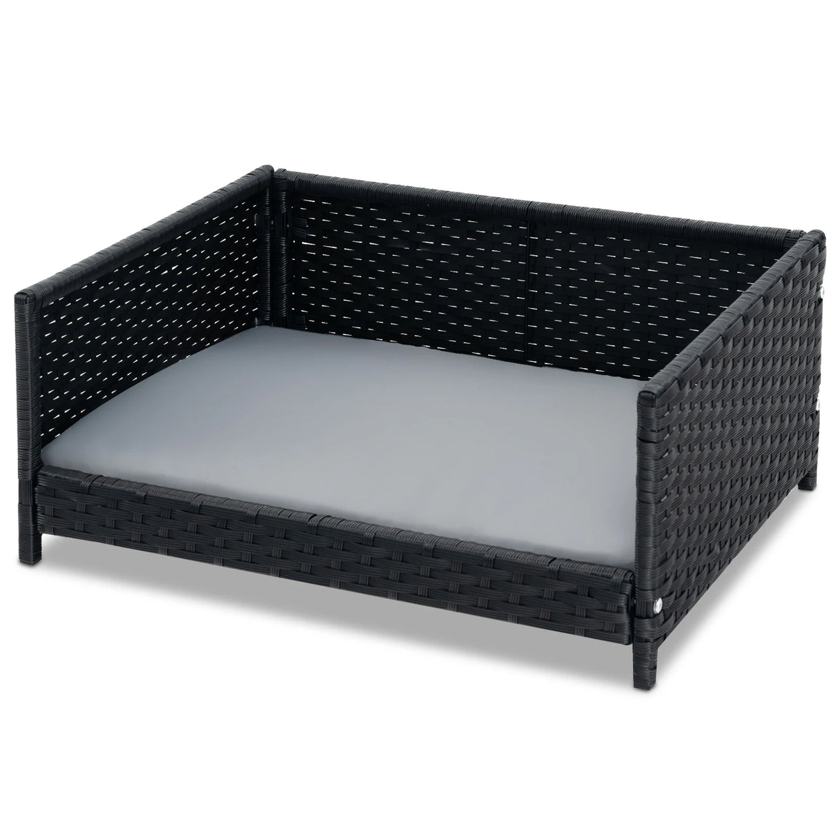 Handwoven Wicker Pet Bed Sofa Couch with Waterproof Soft Cushion-Grey