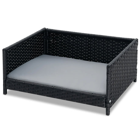 Handwoven Wicker Pet Bed Sofa Couch with Waterproof Soft Cushion-Grey