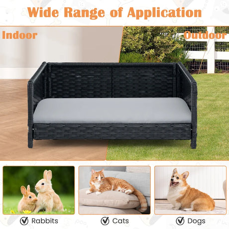 Handwoven Wicker Pet Bed Sofa Couch with Waterproof Soft Cushion-Grey