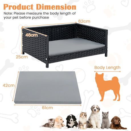 Handwoven Wicker Pet Bed Sofa Couch with Waterproof Soft Cushion-Grey