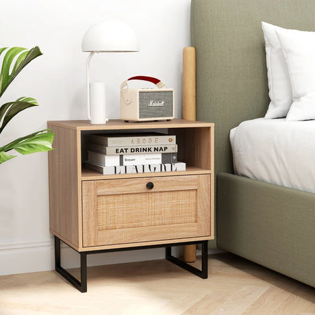 Mid Century Modern Bedside Table with Storage Drawer and Open Compartment-Natural