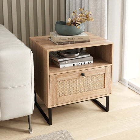 Mid Century Modern Bedside Table with Storage Drawer and Open Compartment-Natural