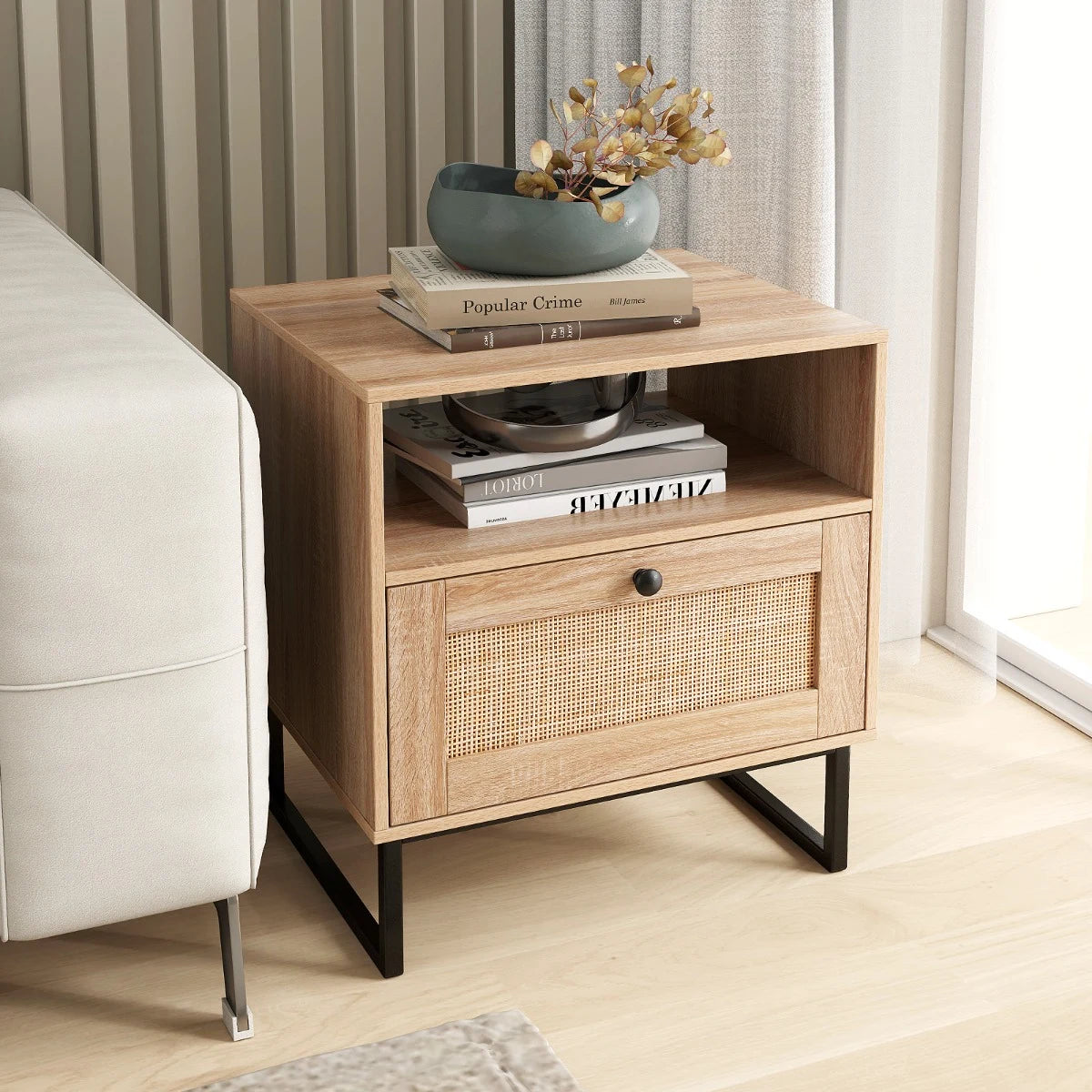 Mid Century Modern Bedside Table with Storage Drawer and Open Compartment-Natural