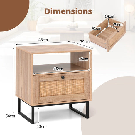 Mid Century Modern Bedside Table with Storage Drawer and Open Compartment-Natural
