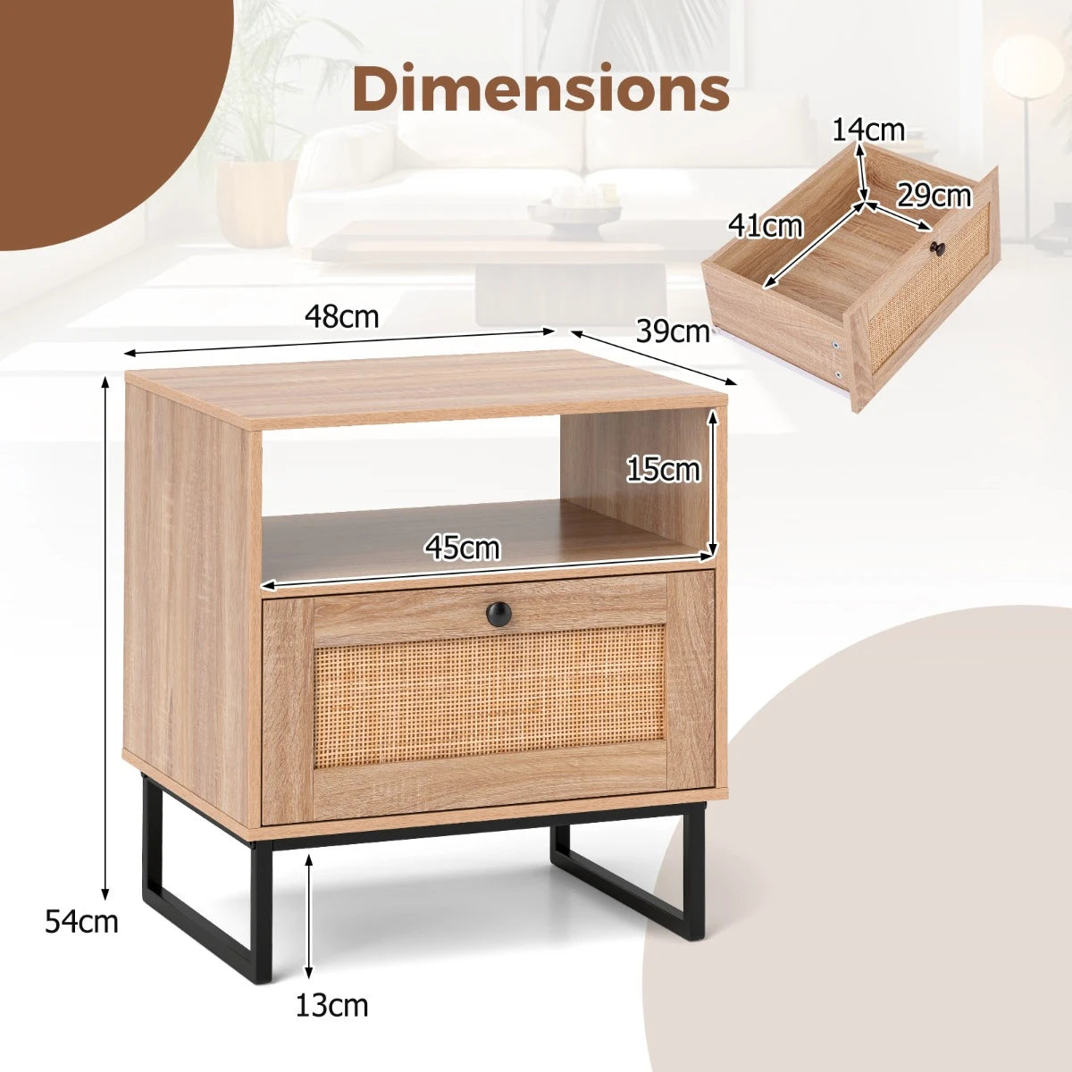 Mid Century Modern Bedside Table with Storage Drawer and Open Compartment-Natural