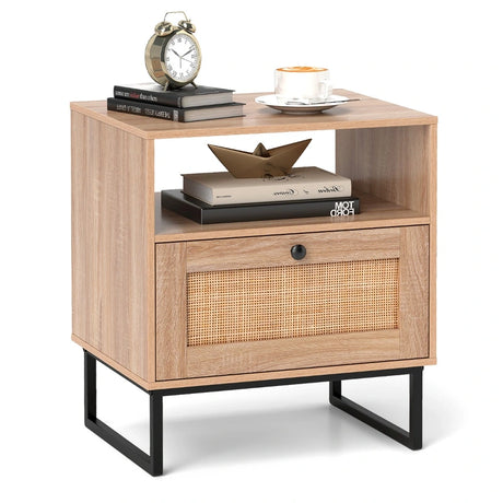 Mid Century Modern Bedside Table with Storage Drawer and Open Compartment-Natural