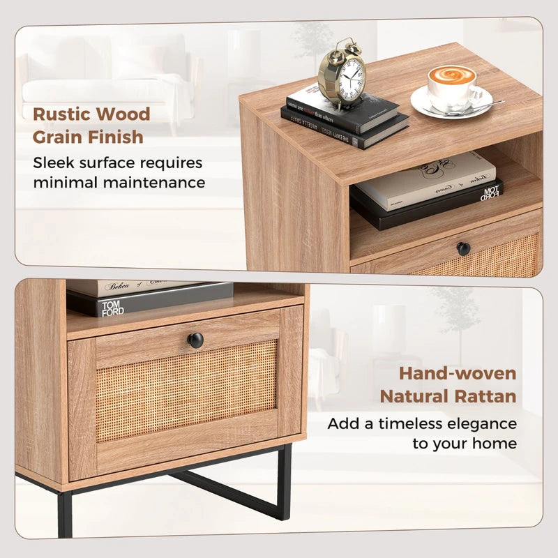 Mid Century Modern Bedside Table with Storage Drawer and Open Compartment-Natural