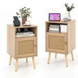 Rattan Nightstand with Storage and PE Rattan Decorated Door-Natural-2 Pack