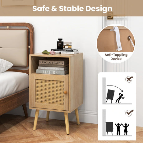 Rattan Nightstand with Storage and PE Rattan Decorated Door-Natural-2 Pack