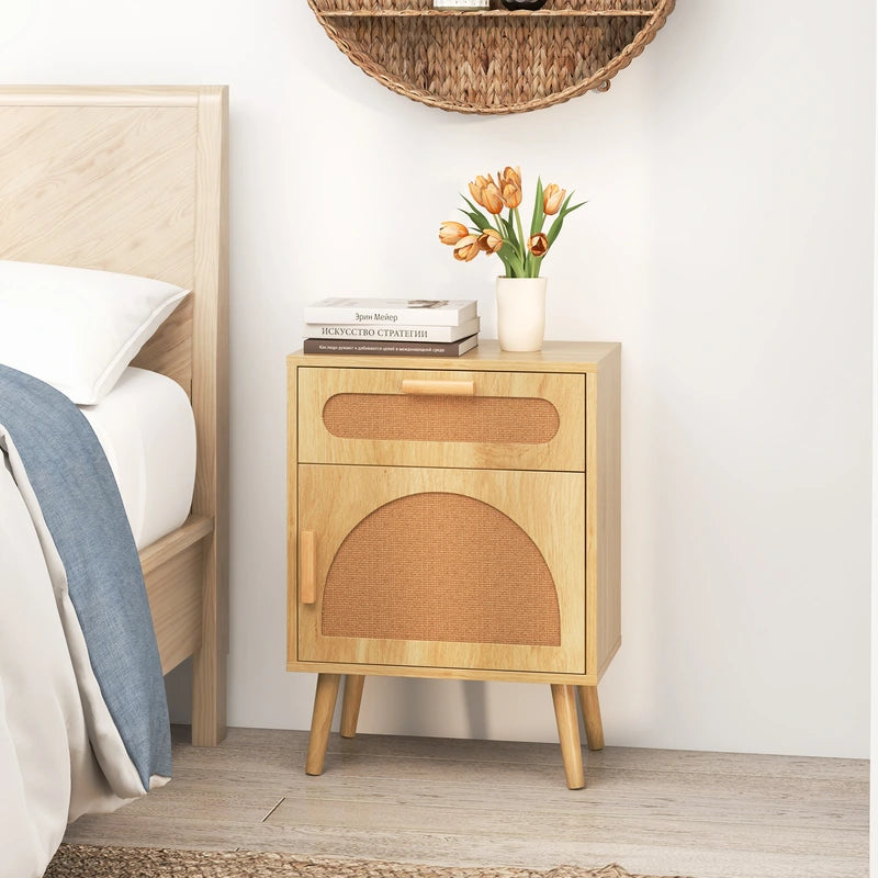 Rattan Nightstand Boho Bedside Table with Rattan-decorated Door-Natural