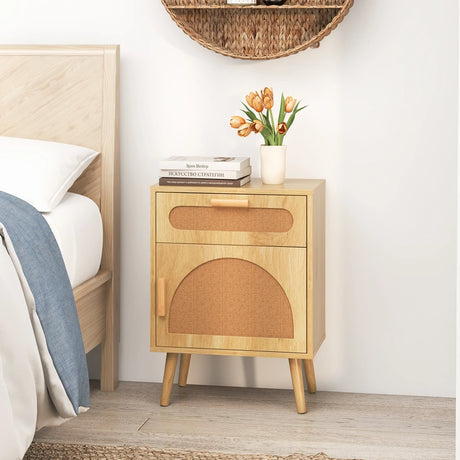 Rattan Nightstand Boho Bedside Table with Rattan-decorated Door-Natural