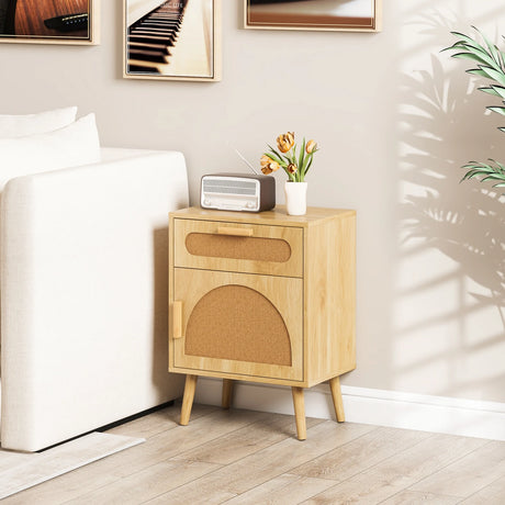 Rattan Nightstand Boho Bedside Table with Rattan-decorated Door-Natural