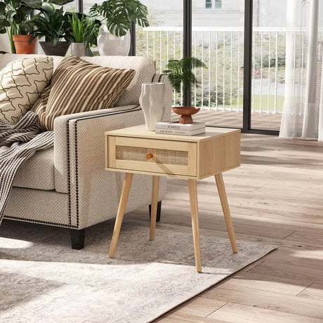 Rattan Nightstand Bedside Table with Drawer and Solid Wood Legs-Natural