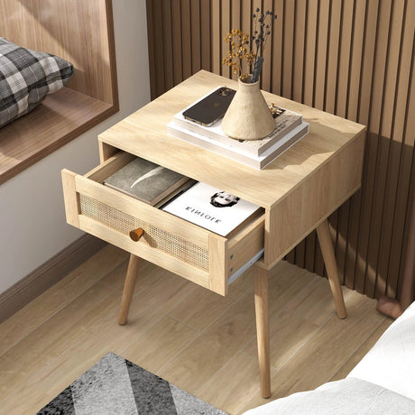 Rattan Nightstand Bedside Table with Drawer and Solid Wood Legs-Natural