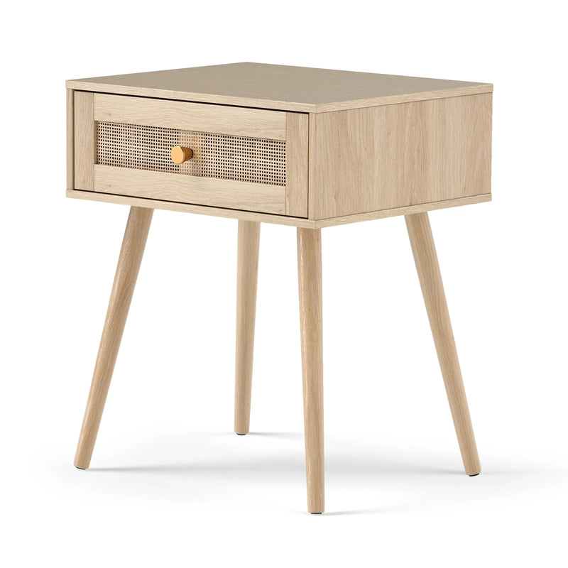 Rattan Nightstand Bedside Table with Drawer and Solid Wood Legs-Natural