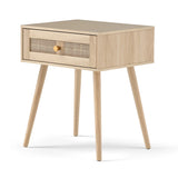 Rattan Nightstand Bedside Table with Drawer and Solid Wood Legs-Natural