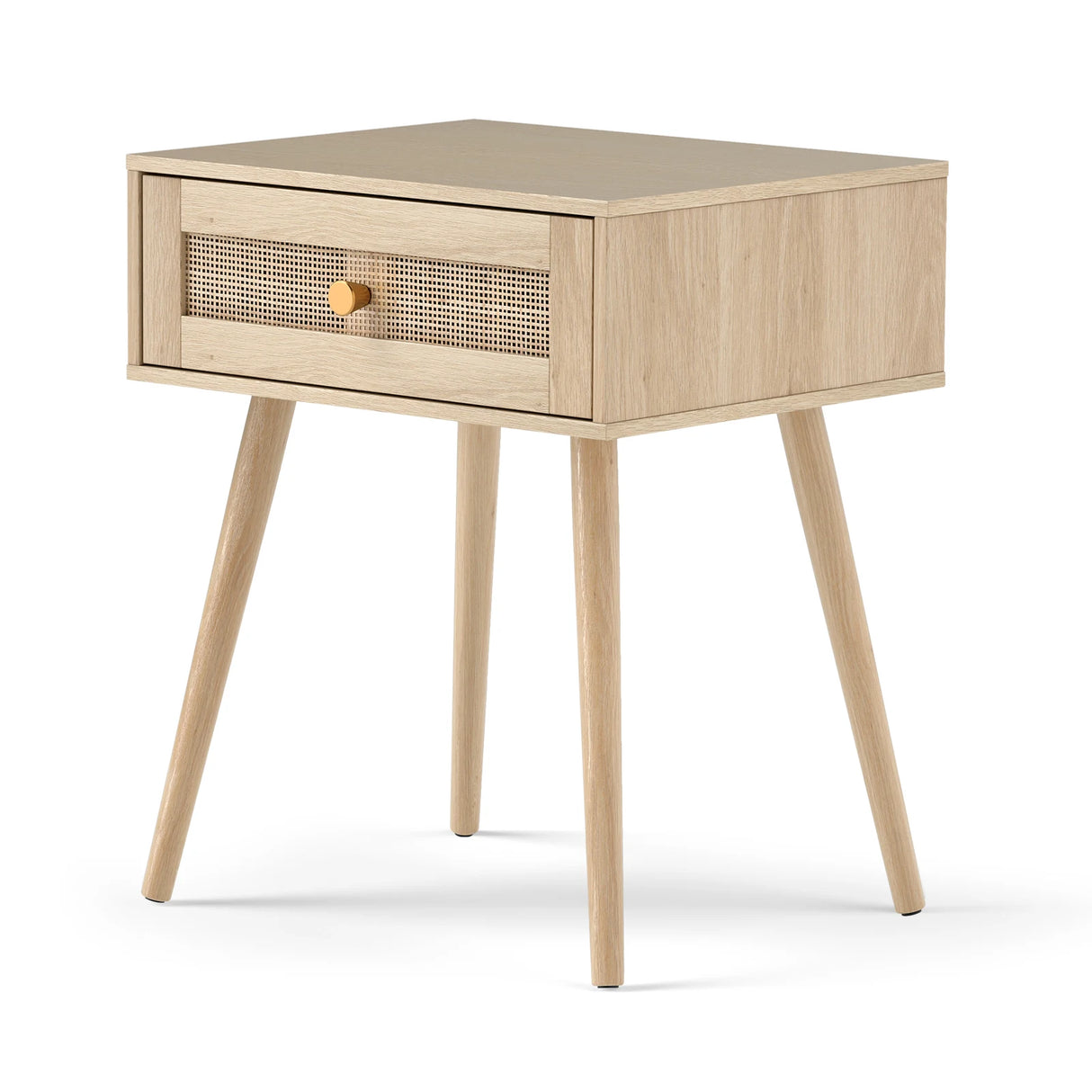 Rattan Nightstand Bedside Table with Drawer and Solid Wood Legs-Natural