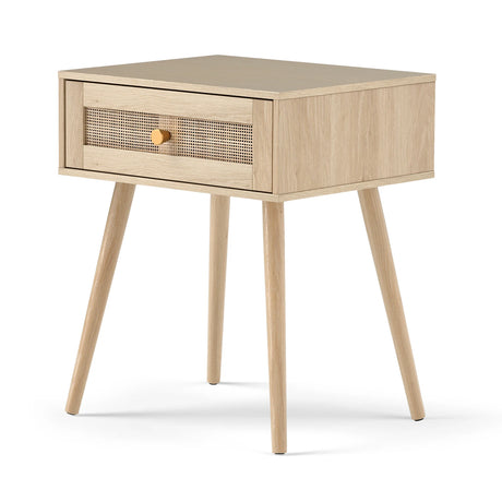 Rattan Nightstand Bedside Table with Drawer and Solid Wood Legs-Natural