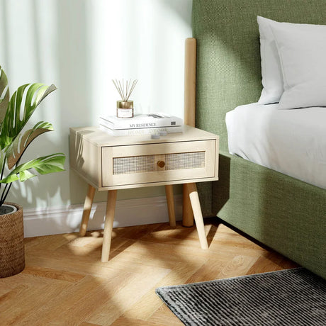 Rattan Nightstand Bedside Table with Drawer and Solid Wood Legs-Natural
