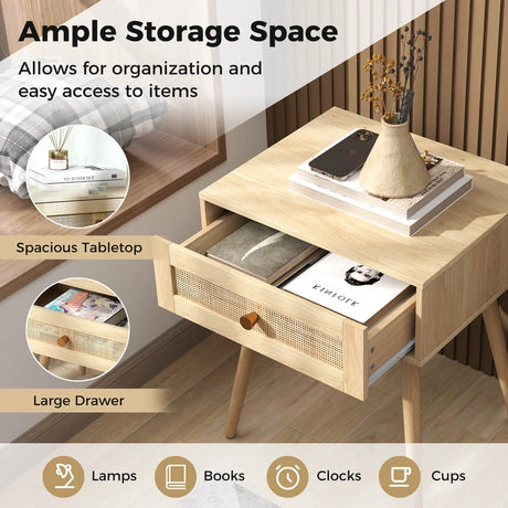 Rattan Nightstand Bedside Table with Drawer and Solid Wood Legs-Natural