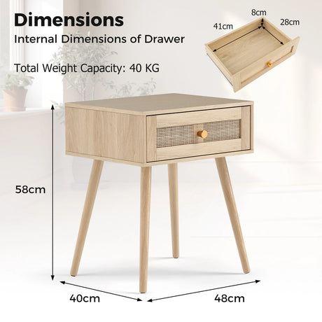Rattan Nightstand Bedside Table with Drawer and Solid Wood Legs-Natural