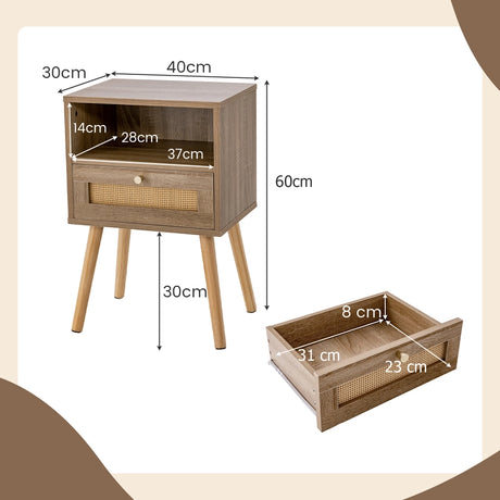 Rattan Nightstand Set of 2 with Rattan Drawer and Open Shelf-Natural