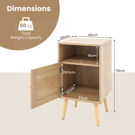 Rattan Nightstand with Storage and PE Rattan Decorated Door-Natural-2 Pack