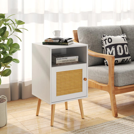 Rattan Nightstand with Storage and PE Rattan Decorated Door-White-2 Pack