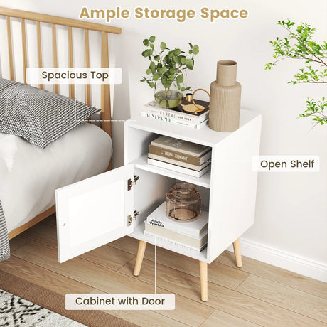 Rattan Nightstand with Storage and PE Rattan Decorated Door-White-2 Pack