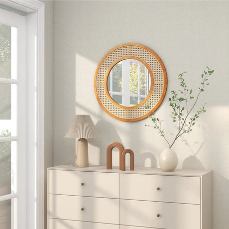 65cm Rattan Round Wall Mirror with Aluminum Glass Metal Hook and Expansion Screws-Natural