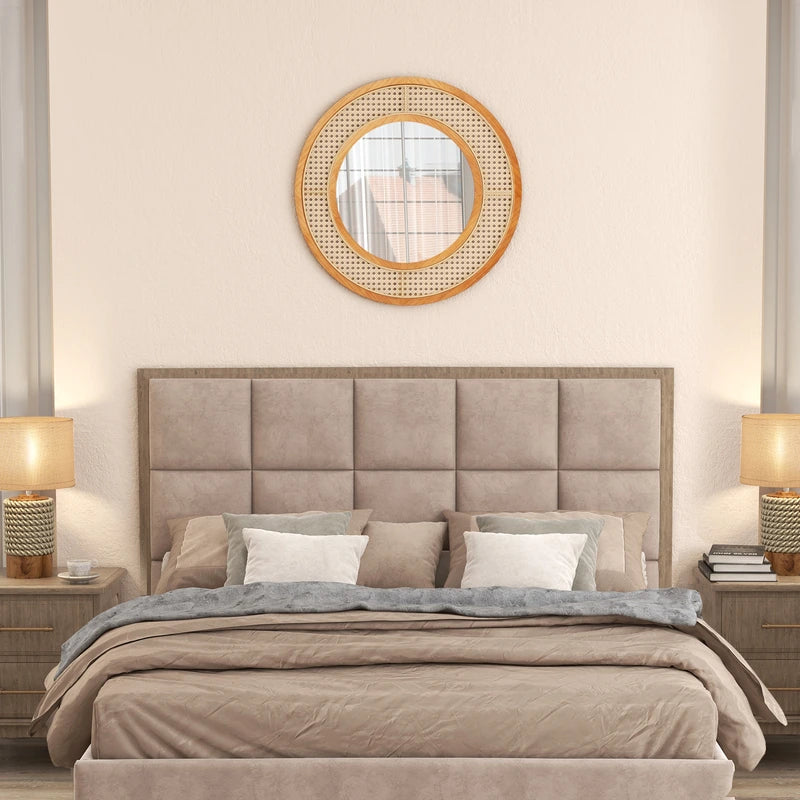 65cm Rattan Round Wall Mirror with Aluminum Glass Metal Hook and Expansion Screws-Natural