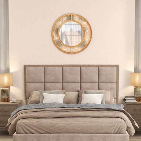 65cm Rattan Round Wall Mirror with Aluminum Glass Metal Hook and Expansion Screws-Natural