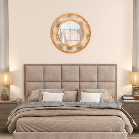 65cm Rattan Round Wall Mirror with Aluminum Glass Metal Hook and Expansion Screws-Natural