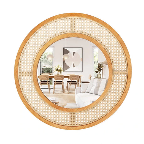 65cm Rattan Round Wall Mirror with Aluminum Glass Metal Hook and Expansion Screws-Natural