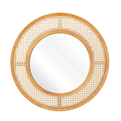 65cm Rattan Round Wall Mirror with Aluminum Glass Metal Hook and Expansion Screws-Natural