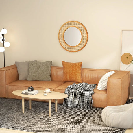 65cm Rattan Round Wall Mirror with Aluminum Glass Metal Hook and Expansion Screws-Natural