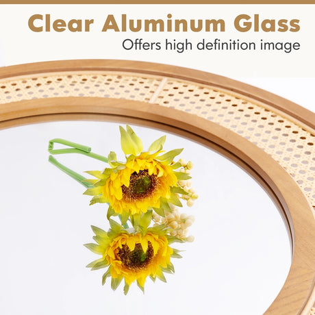 65cm Rattan Round Wall Mirror with Aluminum Glass Metal Hook and Expansion Screws-Natural