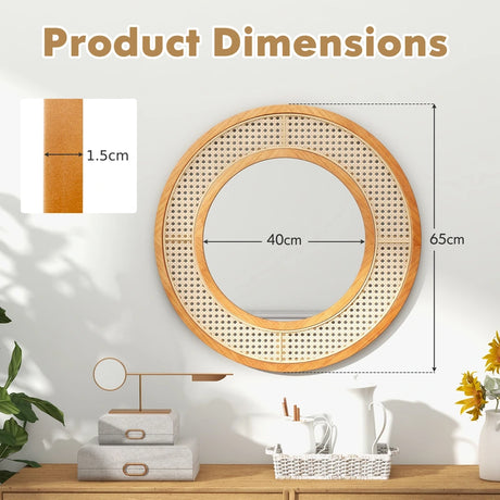 65cm Rattan Round Wall Mirror with Aluminum Glass Metal Hook and Expansion Screws-Natural