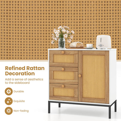Rattan Sideboard Buffet Cabinet with 1 Door and 3 Drawers-White