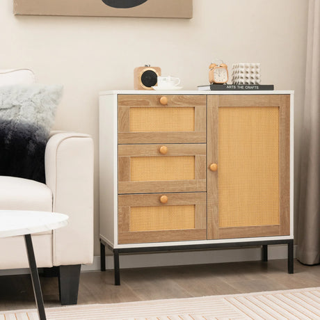 Rattan Sideboard Buffet Cabinet with 1 Door and 3 Drawers-White