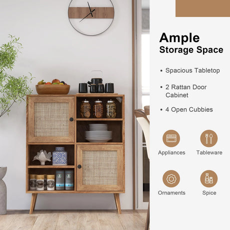 Rattan Buffet Cabinet with 2 Doors and 2 Cubbies-Natural